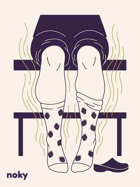 Ilustração Noky: pernas cansadas sentadas num banco, a usar meias de compressão