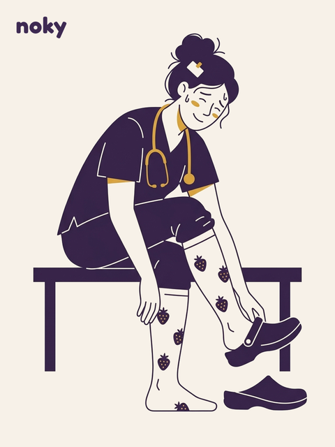 Ilustração Noky: enfermeira sentada a calçar um clog, com meias de compressão